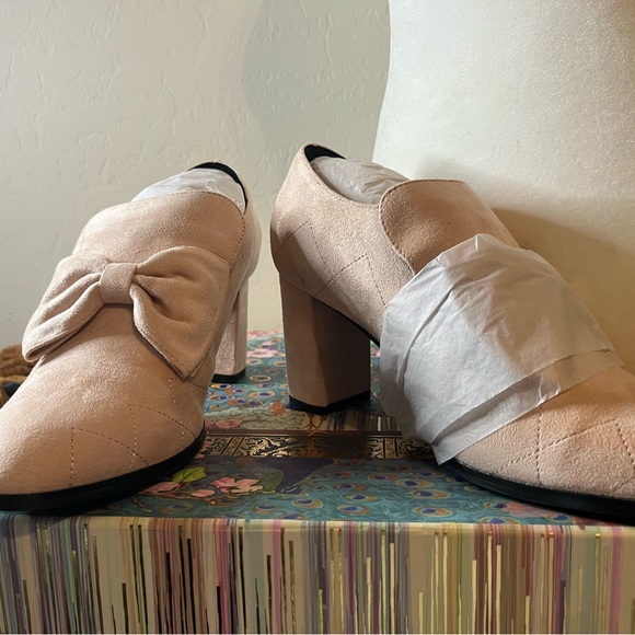 Shoes - Bow Accent Pink Suede Block Heel Loafers